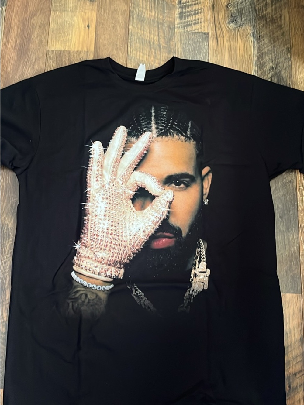 Graphic Tee with Rhinestone Glove Portrait - Black
